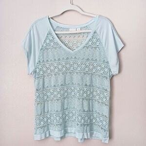 Chico's XL Pieced Lace Top V Neck Floral Sheer Shirt Cotton Modal Blend